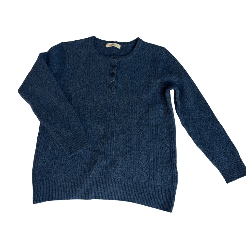 Woolovers 100% Lambswool Blue Henley Sweater Women Medium Cable Knit Pointelle - Picture 2 of 10